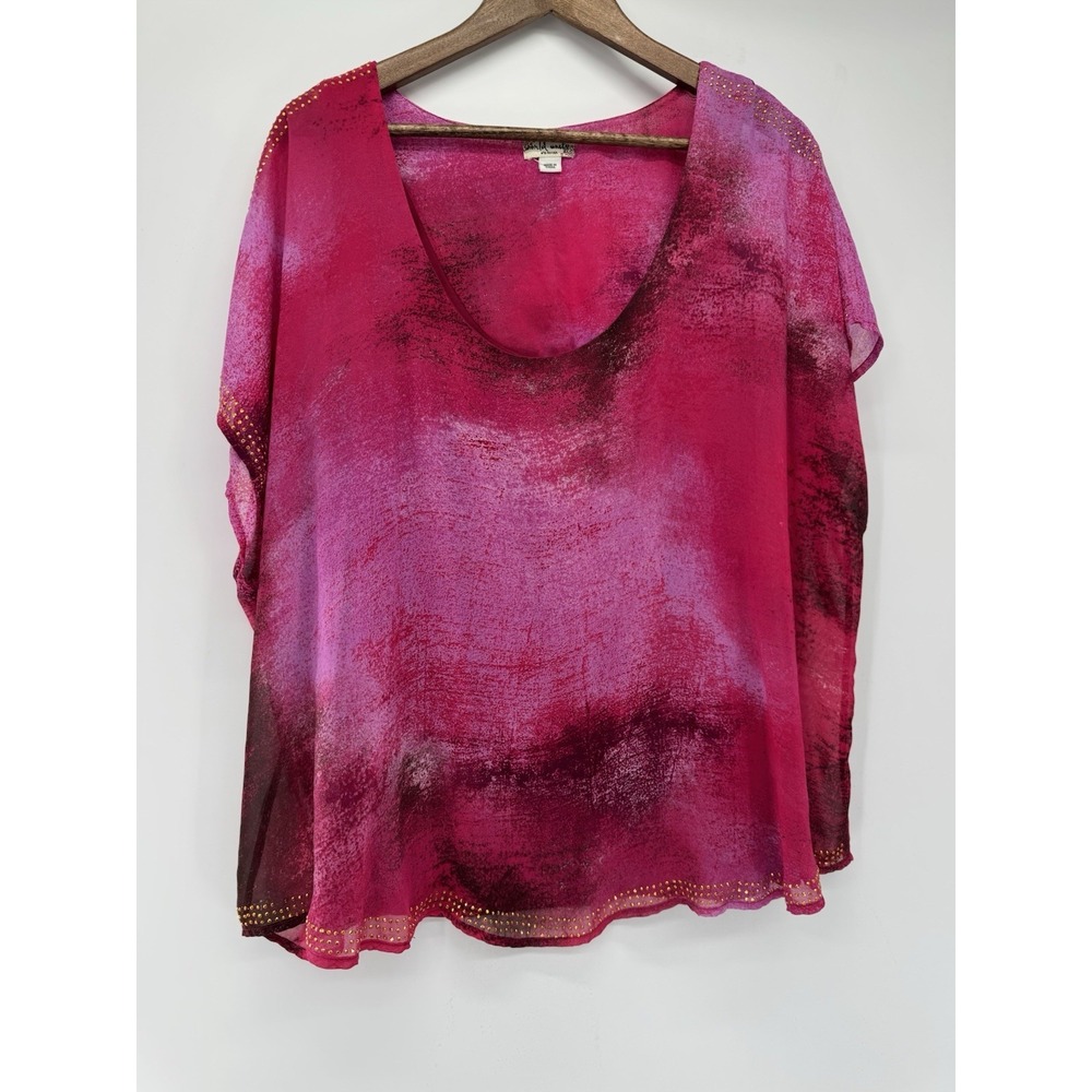 World Unity 2X Pink‎ Abstract Print Studded Sheer Overlay Top Blouse watercolor